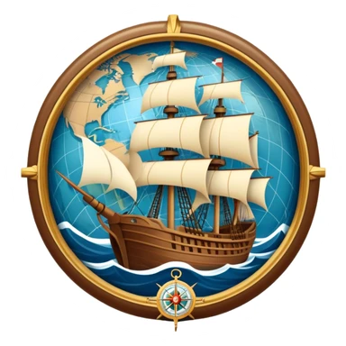 Icon for Historical Movies: Age of Great Geographical Discoveries. A vintage movie poster-style design with a sailing ship, a compass, and a globe. Include explorers with maps, sea waves, and distant lands in the background. Retro cinematic style. Transparent background. sticker