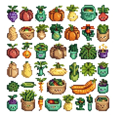 Pixel art of dietary fiber showing whole grains, vegetables, fruits and legumes connected by fiber strands, with an intestine character showing improved digestion sticker
