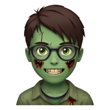 Zombie emo boy, green skin and brown hair and brown eyes, black glasses and a scary smile with a cut on the side, scars and blood under eyes sticker