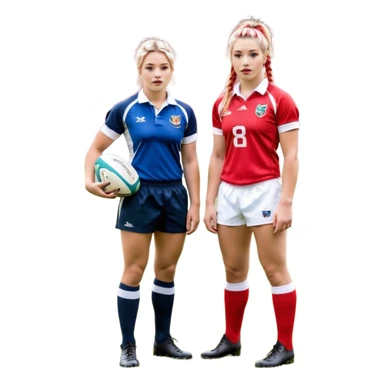 Chica de pelo rubio tirada en el suelo boca abajo agarrando un balón DE RUGBY con las manos vestida con una equipación de color rojo y blanco con líneas, manchada de barro y con unas botas de tacos de fútbol, con un bucal en la boca y el pelo con trenzas, se la tienen que ver las 2 piernas  sticker