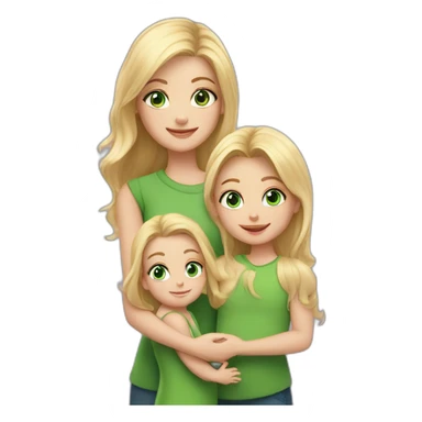a girl with long blonde hair and green eyes, who is holding 2 babies(1 girl and 1 boy), and a blonde toddler girl is standing nearby sticker