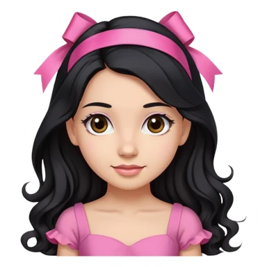 Beautiful girl with long black hair in a half-up half-down hairstyle with pink ribbon tying the top half, waves at the ends, brown eyes, light skin, slight smile, and pink dress sticker