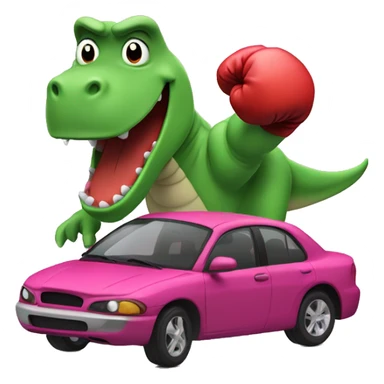 Barney the dinosaur as a car with boxing gloves sticker