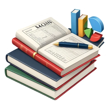 Icon for Business Reading: an open book with graphs, numbers, percentages, formulas, and text on the pages, next to a stack of books, a pile of dollars, a calculator, a pen, and business magazines like Forbes. Transparent background. sticker