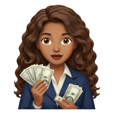 She has long, brown hair styled in soft wavy curls with a middle part. She has well-shaped eyebrows and dark brown eyes. She is wearing light makeup that highlights her natural beauty and is offering a slight smile to the camera. She is surprise when it comes to money sticker
