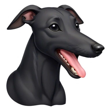 Cinematic Cute Yawning Black Greyhound Portrait Emoji, Head tilted slightly with a dramatic, wide-open yawn, showcasing a sleek black Fur with a polished finish, floppy ears slightly drooping, round dark eyes barely open in drowsy contentment, Simplified yet irresistibly adorable features, highly detailed, glowing with a soft, cozy glow, high shine, relaxed yet expressive, stylized with a touch of whimsy, bright and endearing, soft glowing outline, capturing the essence of a sleepy yet affectionate racer, so drowsy it feels like it could stretch out of the screen and curl up for a nap! sticker