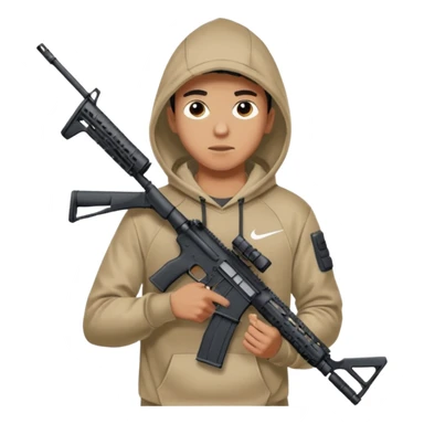 
Fais moi un jeune taliban qui ressemble qui tient une AR15 avec un hoodie a capuche, capuché, avec la cagoule nike therma fit hood sticker