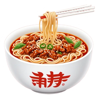 Chengdu Dan Dan Noodles with minced pork and chili oil, simplified emoji style with bold outlines and bright colors, cartoon style Sichuan street food in bowl sticker