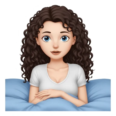 white girl, dark brown long slightly curly hair , skinni but with big breast , septum piercing on nose, beautiful dark gray-blue eyes, showing her foot in bed sticker