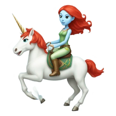 [
	{ a light green Amazon alien woman [ with red hair, with blue eyes]} 
	on a 
	[{ unicorn: white, six-legged, light blue mane}] sticker