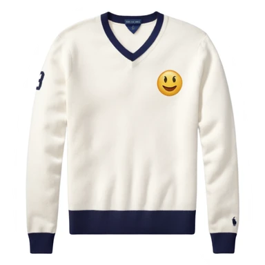 Ralph Lauren v-neck white sweater with small polo logo, emoji style sticker