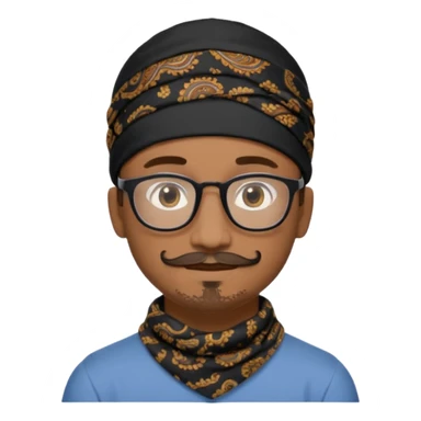 A friendly person with medium-brown skin, large warm brown eyes, thin rectangular glasses, a short mustache and small goatee, wearing a black paisley bandana. Rounded face, calm slight smile. Head-and-shoulders emoji style, bold outlines, simple shapes, bright colors, transparent background. sticker