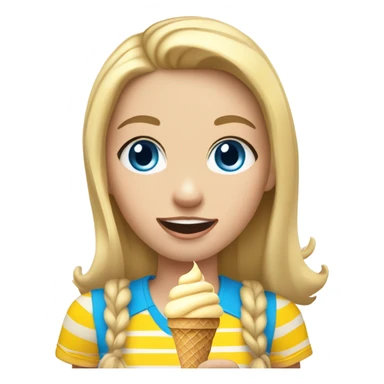 Girl with blonde hair, blue eyes, yellow striped shirt, holding vanilla ice cream cone sticker