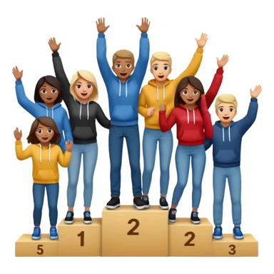 multi-racial group on a winners podium, center step higher, no numbers, all in jeans and hoodies, excited fun expressive emoji style sticker