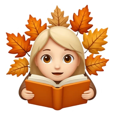 A cute 3D emoji autumn leaves around it, cozy fall colors (orange, brown, beige), playful and modern style, glossy finish, minimalistic but expressive, symbolizing a Fall Reading Challenge. sticker