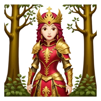 realistic cinematic actress Cher in baroque styling with crimson armor in a forest sticker