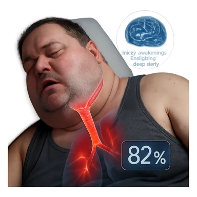 hyper-realistic medical CGI of overweight man sleeping, neck fat compressing airway like a thin straw, trachea walls with red heat map, oxygen at 82%, brain scan overlay with micro-awakenings disrupting deep sleep, 4K, clinical sticker