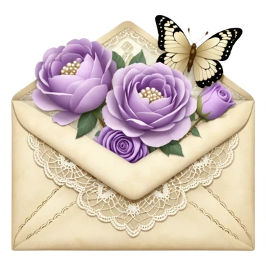 A delicate still life of an aged love letter sealed with golden wax, placed on a vintage lace doily, accompanied by a bouquet of pale purle roses and white peonies, with a shimmering pearl butterfly resting on the envelope. sticker