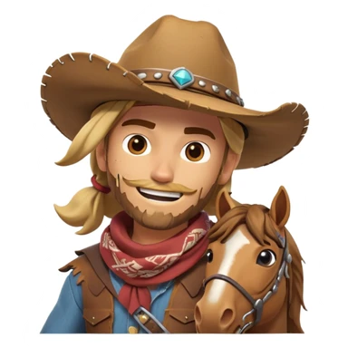 clash-of-clans-aesthetic_-cinematic-playful-cowboy-portrait-emoji, head-tilted with a roguish, cheeky grin and twinkling eyes, featuring a rugged, spirited build with a wide-brimmed cowboy hat and a weathered bandana on tan skin, riding a powerful galloping horse with dynamic flowing mane, reins gripped firmly in one hand and a lasso in the other, as dust swirls behind them in a vast desert landscape. sticker