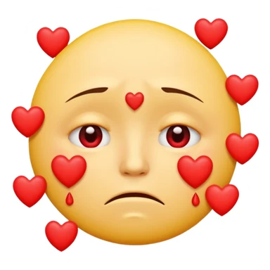 A yellow circular frowning face that is crying tears from its eyes, with a dozen hearts floating from top to bottom in front of it sticker