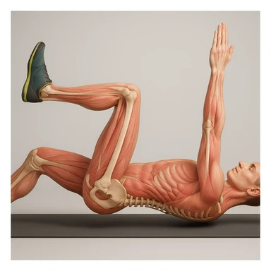 Anatomically hyperrealistic 4K side view of a man in dead bug position with the arm on the ground fully extended above the head, straight, showing pelvis and spine bones, translucent muscles and skin, medical atmosphere, realistic anatomical details. Variant 5, slightly change the position of the torso. sticker