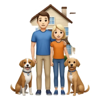 1 Father 1 Mother and 1 young BOY who is half as tall as the parents, standing in front of their house with a dog next to them. Everyone should look VERY happy. There MUST be a house behind them with trees and plants sticker