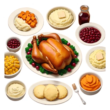 Thanksgiving Dinner with 6 friends of all different races around the table; have the food be a cooked turkey, mashed potatoes, corn, a basket of biscuits, a small bowl of cranberry sauce, baked yams, steamed vegetables, and a bottle of wine. sticker
