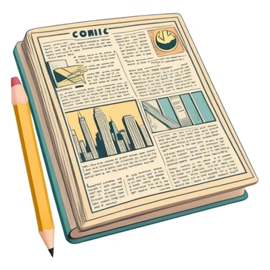 Create a detailed emoji representing the process of writing texts for comic books. The design should feature a large, open comic book with vintage comic strips visible on its pages. A pencil should be shown writing text on one of the comic panels, but without a hand. The pencil should appear as though it is actively creating the dialogue or narration. Use a classic color palette with muted tones for the comic book and brighter accents on the pencil to draw attention to the writing process. Do not include any emojis or smiley faces. Make the background transparent. sticker