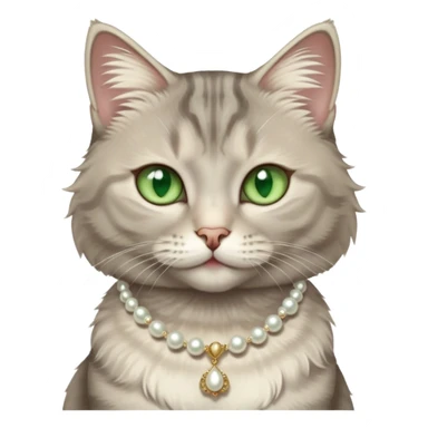fluffy light grey tabby cat with green eyes, white tummy, and a pearl necklace  sticker