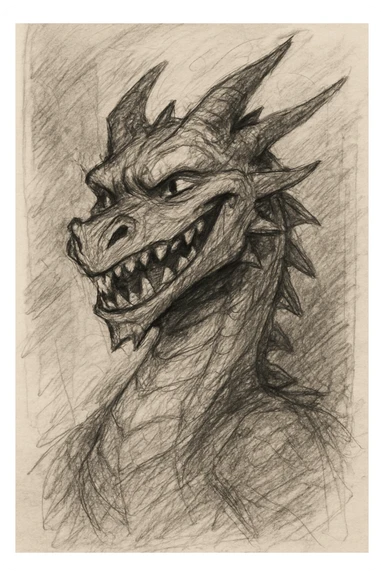 a dragon grinning, pencil sketch style sticker