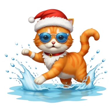 Cat with sunglasses and Santa claus running in the lake  sticker