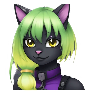 Gorgeous furry gothic dark techwear anime style anthro black cat furry sona Fakemon with blushing face yellow-green eyes with ponytail, aesthetic and pretty edgy black with violet collar and harness trending style sticker