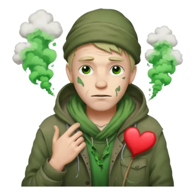 Homeless Caucasian male with green smoke around him and ripped clothes with valentines decor (no balloons) sticker