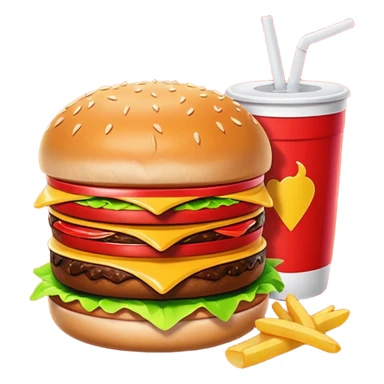 A clean and simple icon of fast food in emoji-style illustration. A burger with fries and a soda cup, bright and bold colors, simple shapes, flat design, high contrast, inviting and appetizing. sticker