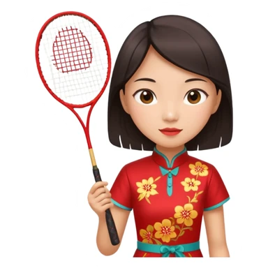 ancient cheongsam girl with 1 badminton racket, red sticker