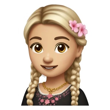 Slavic girl, light skin, brown eyes, black-to-blonde ombre straight tail, smiling with teeth, wearing beautiful dark blouse with a folk pattern of small pink flowers and gold necklace. sticker