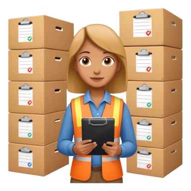 A person holding a clipboard with checklist marks next to stacked boxes, indicating stock or inventory management. sticker