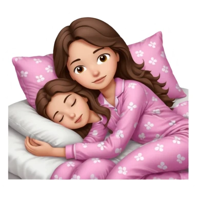 Brunette girl with long wavy brown hair with brown eyes and sleeping on a withe bed with cute pink pjs sticker