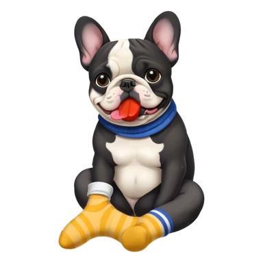 Black and white French bouledogue eating a sock sticker