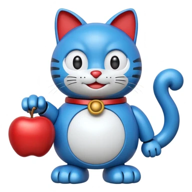 Doraemon character, blue robotic cat with a red nose and bell, apple emoji style sticker