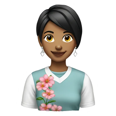 smiling girl with flower earrings black short hair packing a custom shirt order sticker