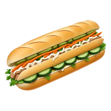 traditional banh mi with char grilled pork


    Very crusty baguette

    Mayo 

    Pickled carrot 

    Cucumber, coriander/cilantro, green onion, chilli 
 sticker