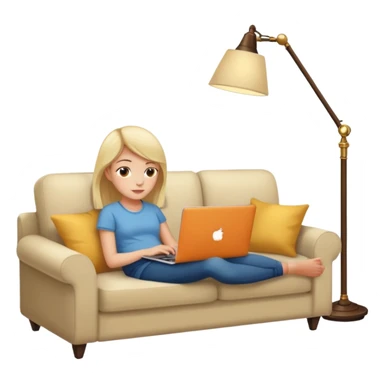 A girl is working with a laptop while lying on a sofa, with a floor lamp to the right. sticker