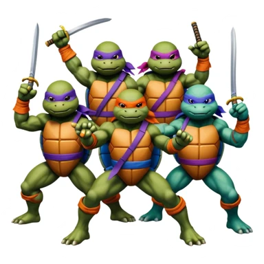 Give me a picture of 4 teenage mutant ninja turtles. Make them hold a fighting pose. One should be red, another orange, another purple, another blue sticker