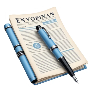 Create an emoji representing journalism and publicistic writing. The design should feature an open newspaper or a stack of articles with visible text columns, symbolizing opinion pieces and analysis. A classic fountain pen or ballpoint pen should be placed near the papers, indicating the act of writing. Optionally, include a small microphone or a press badge to emphasize investigative and journalistic aspects. Use neutral and professional colors like black, white, and muted blue or red. Do not include any emojis or smiley faces. Make the background transparent. sticker