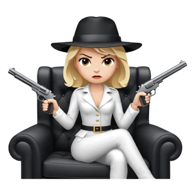 Mafia blondes angry woman in hat , gun ,black armchair , white costume  sticker