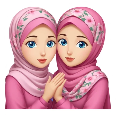 Two friendly Turkish girls beautiful finish Konya blue eyes with pink floral hijab and dress and Scattering kisses outside  sticker