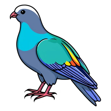 Nicobar pigeon with colorful iridescent plumage, distinctive long neck feathers, and white tail sticker