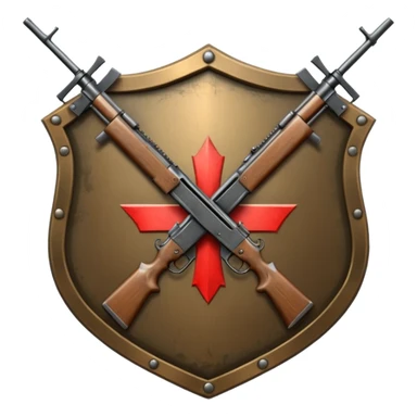 Insignia militar realista para videojuegos de guerra (estilo Battlefield), forma de escudo metálico con bordes desgastados. Incluye:

Símbolo: [fusiles cruzados / águila / estrellas / espada] sticker