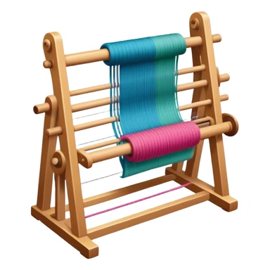 Weaving icon, loom with colorful fabric being woven, visible shuttle, spools of yarn, fabric swatches, sewing patterns, and finished clothes, minimalistic style, clean lines, transparent background. sticker